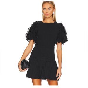 NWT Cleobella Colette Black Organic Cotton Smocked Puff Sleeve Mini Dress Medium